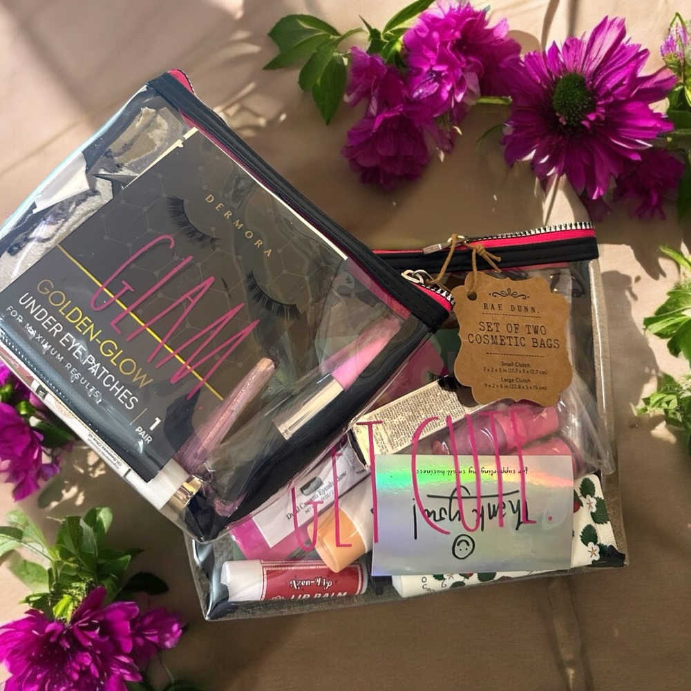 Glam RAE DUNN Cosmetic Bag Set 2 with Clear Vinyl with Smashbox & Mac Eye Shadow